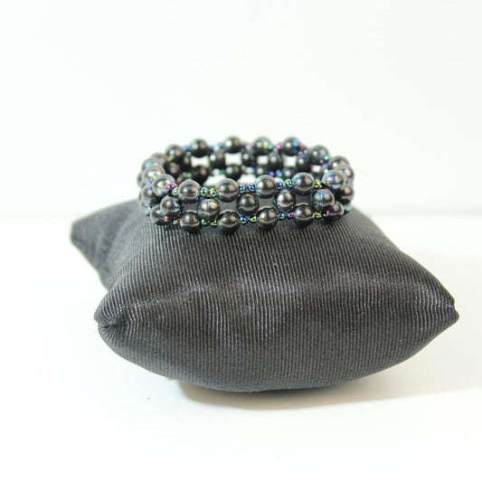 Beaded Bracelet Triple Row Stretch Cuff Gunmetal Tone Metallic Beads Multi Layer