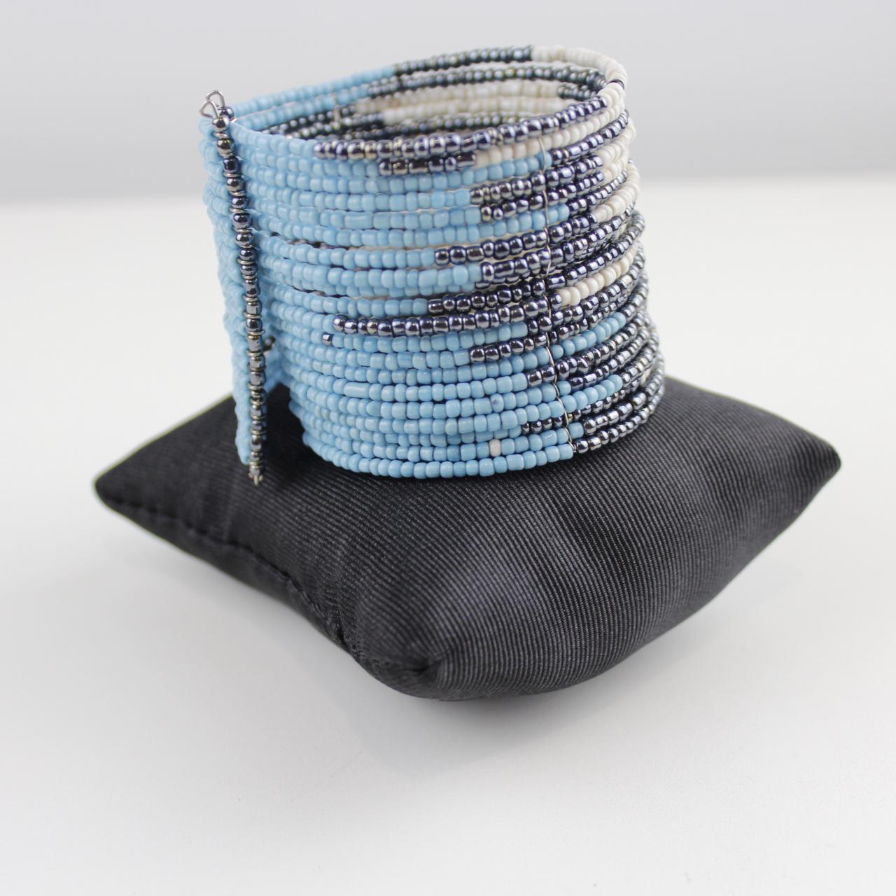 Wide Beaded Cuff Bracelet Blue White Silver Coil Memory Wire