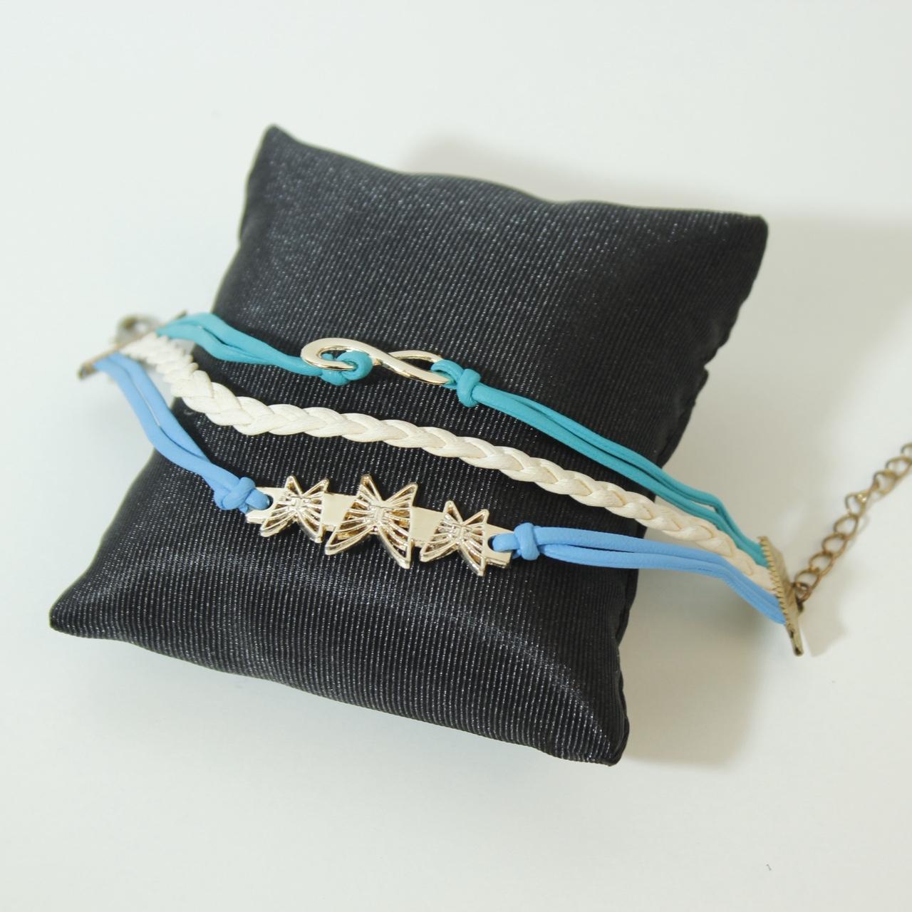 Blue White Multi Strand Cord Bracelet Gold tone Infinity Butterfly Charm Boho