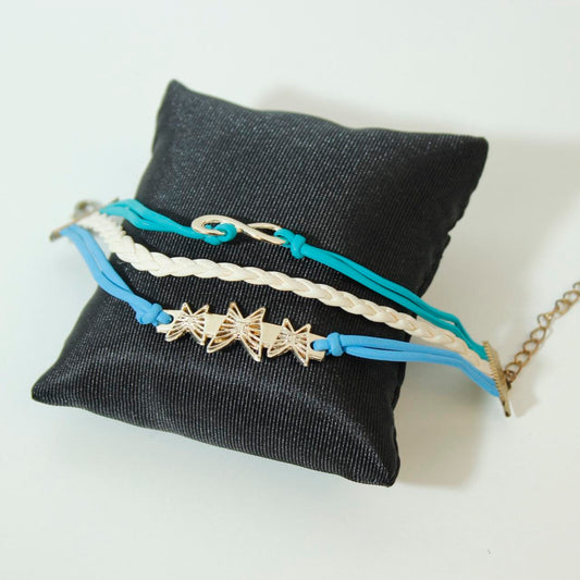 Blue White Multi Strand Cord Bracelet Gold tone Infinity Butterfly Charm Boho