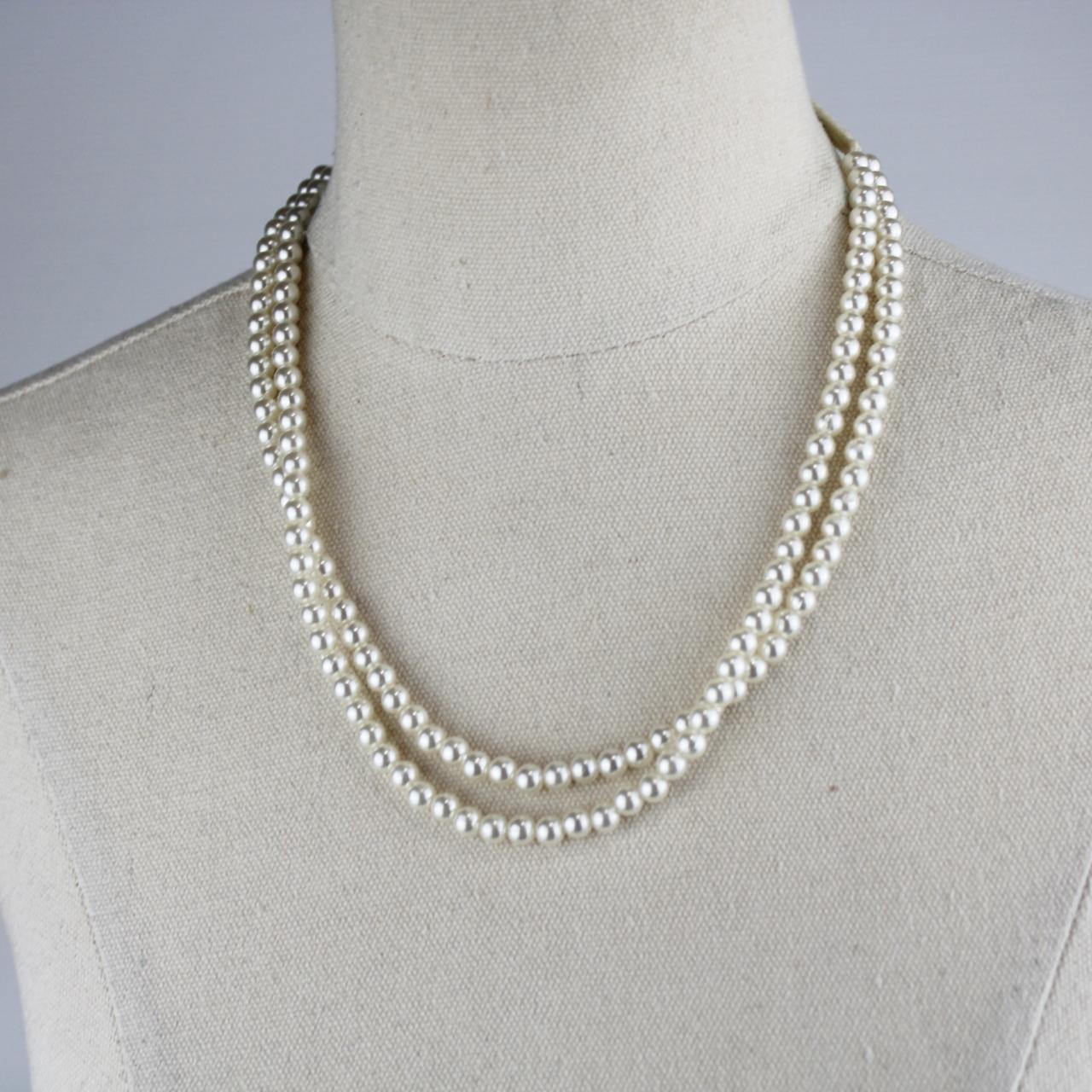 Double Strand Pearl Necklace Cream Faux Pearls Classic Elega