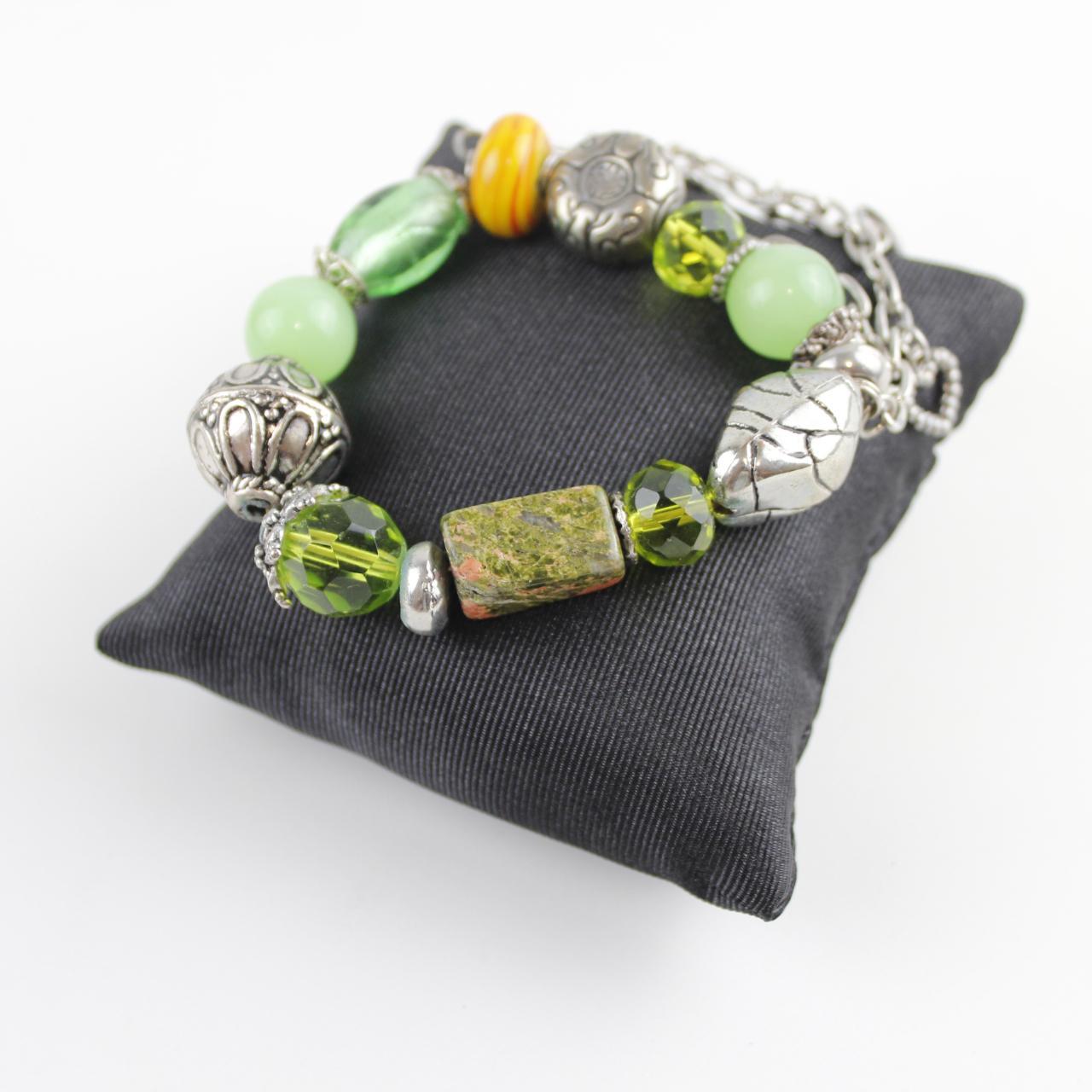 Vintage Boho Multi-Strand Charm Bracelet Green Yellow Beaded