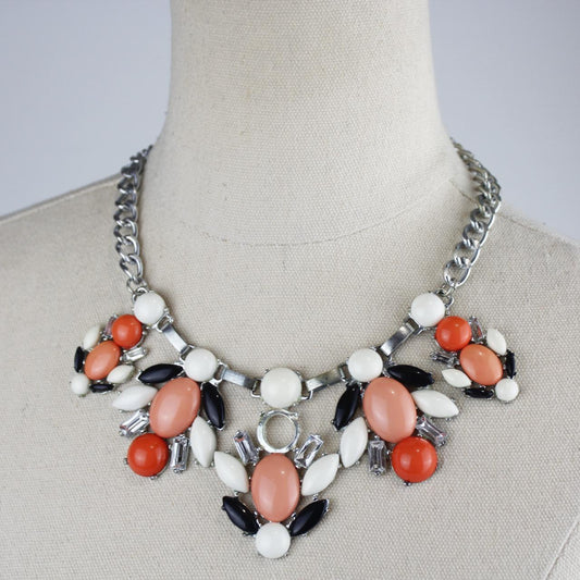Statement Necklace Silver Chain Orange Peach Cabochons Black