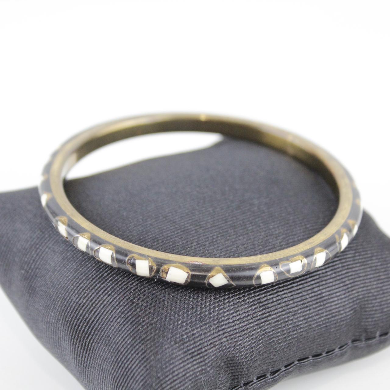 Brass Bangle Bracelet with White Dot Inlay - Unique Design -