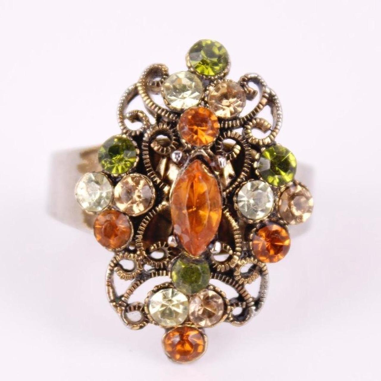 Silver Tone Filigree Cocktail Ring Amber Green Stones Adjustable Statement Jewel