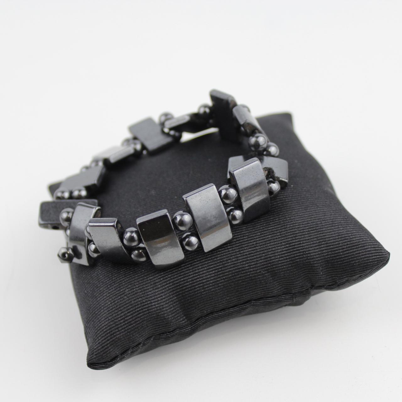 Black Hematite Stretch Bracelet Silver Bead Geometric Jewelr