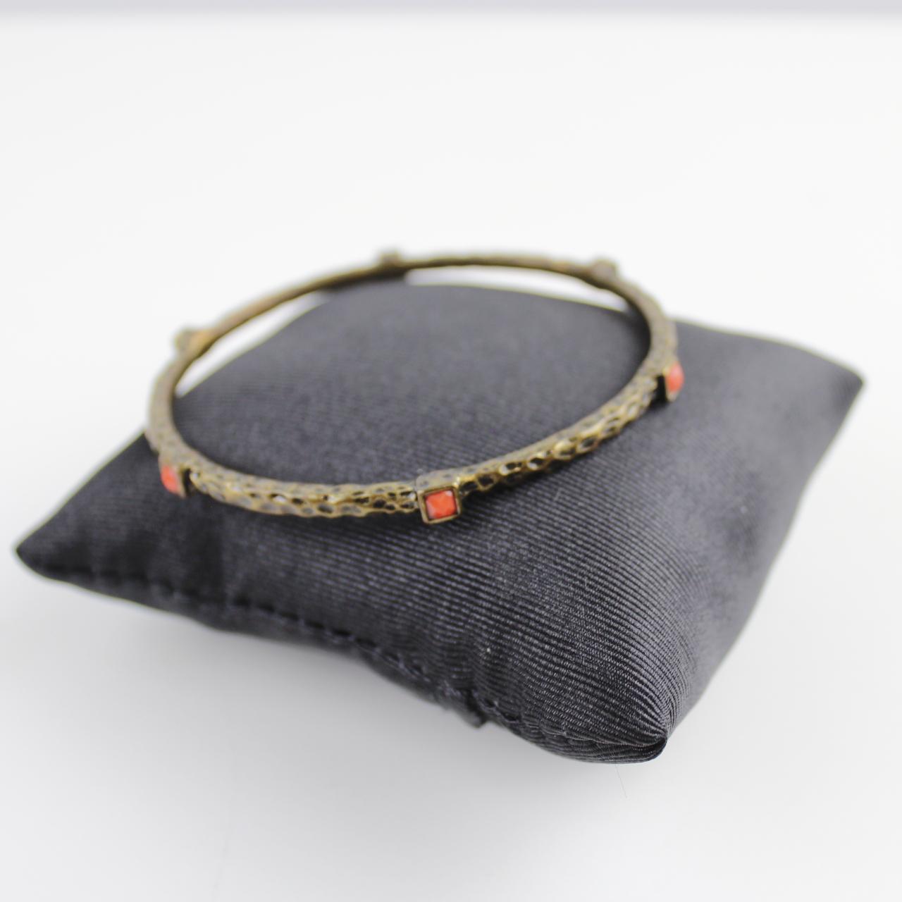 Vintage Bronze Tone Bangle Bracelet Red Square Stone Texture