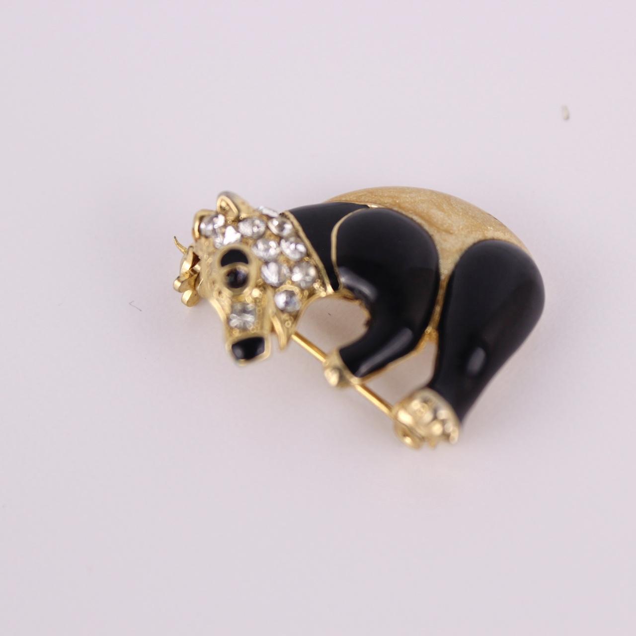 Panda Bear Brooch Gold tone Enamel Rhinestone Animal Bamboo Jewellery Pin  Good