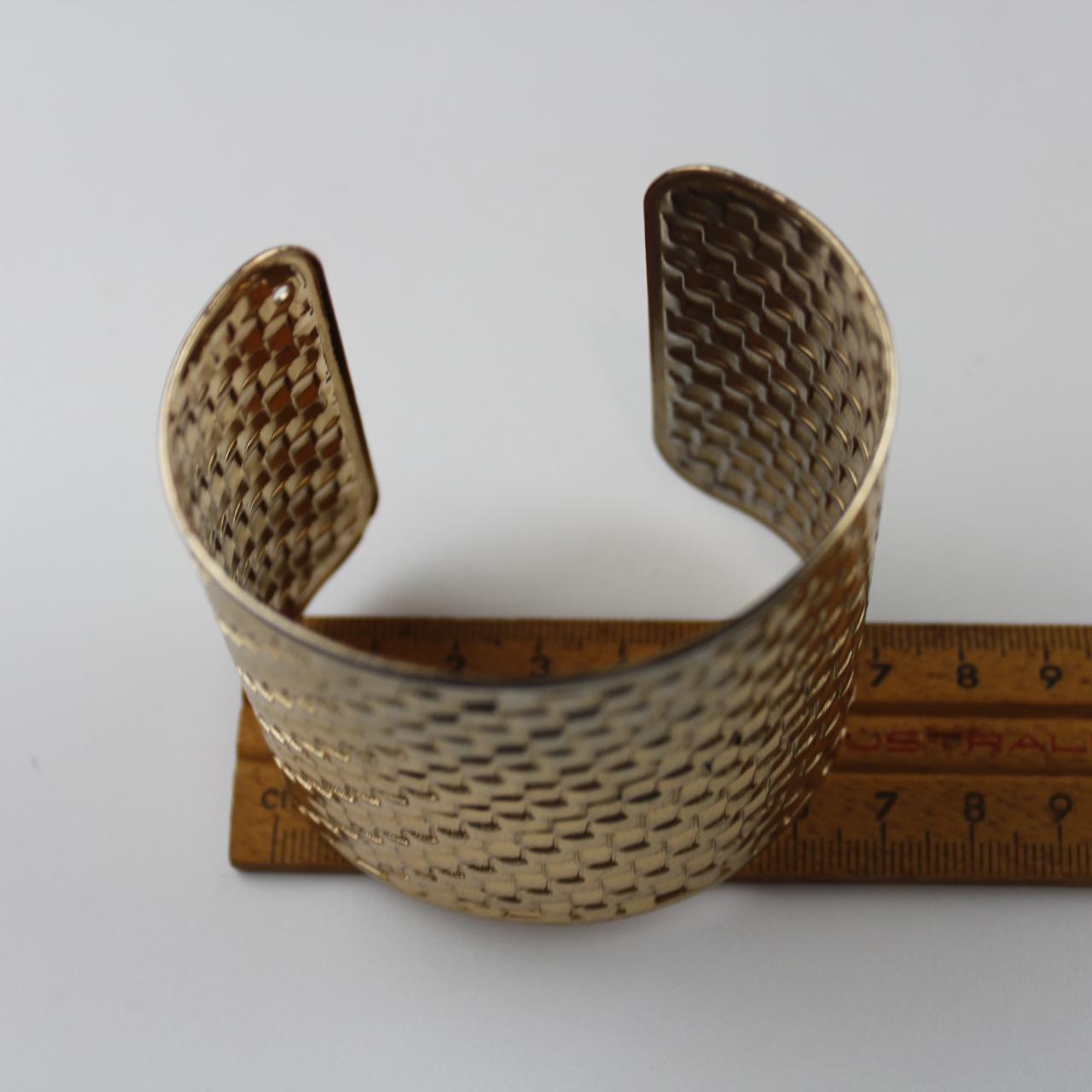 Gold Tone Cuff Bracelet - Textured Woven Pattern - Cut-Out D