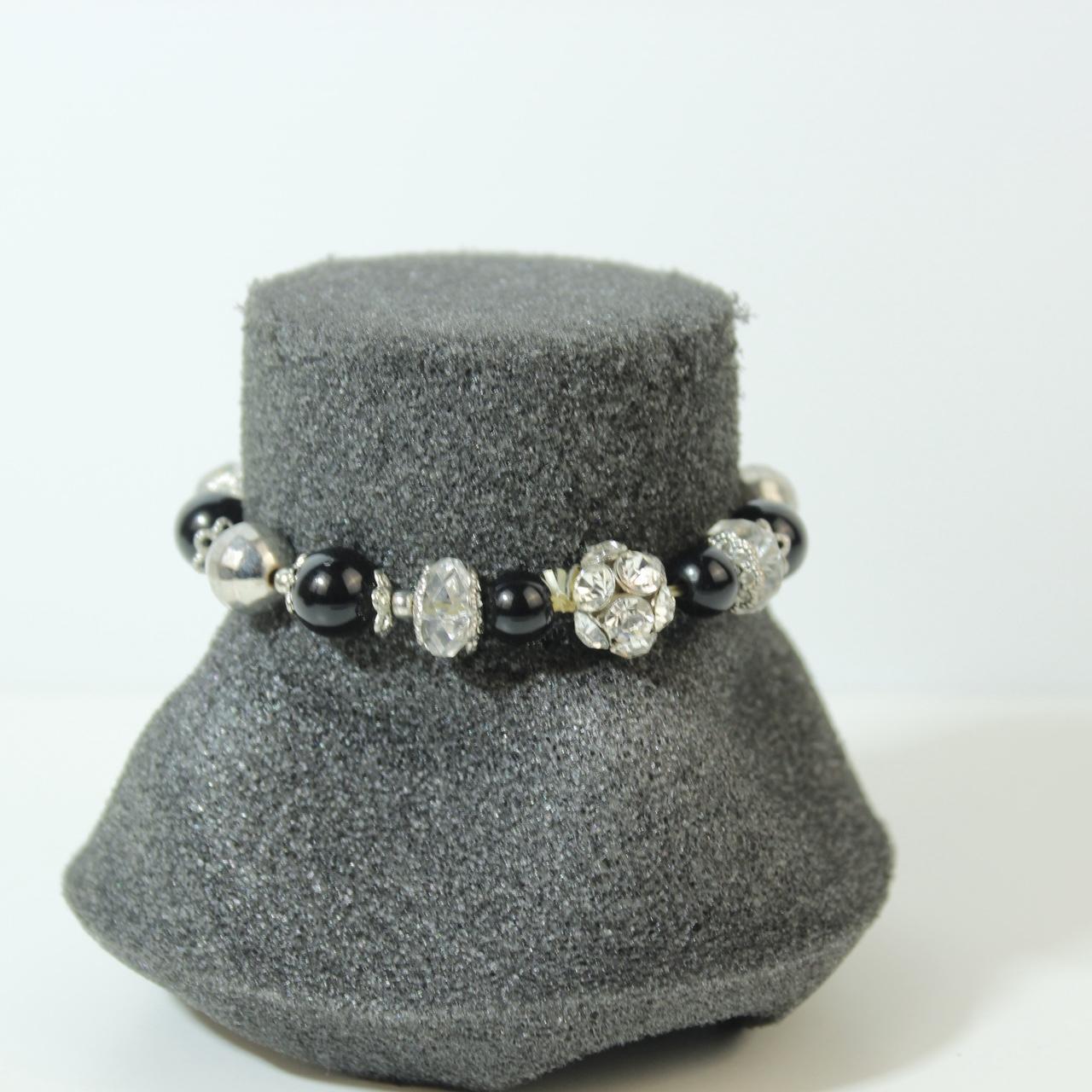 Black Beaded Stretch Bracelet Silver tone Floral Rhinestone Statement Boho
