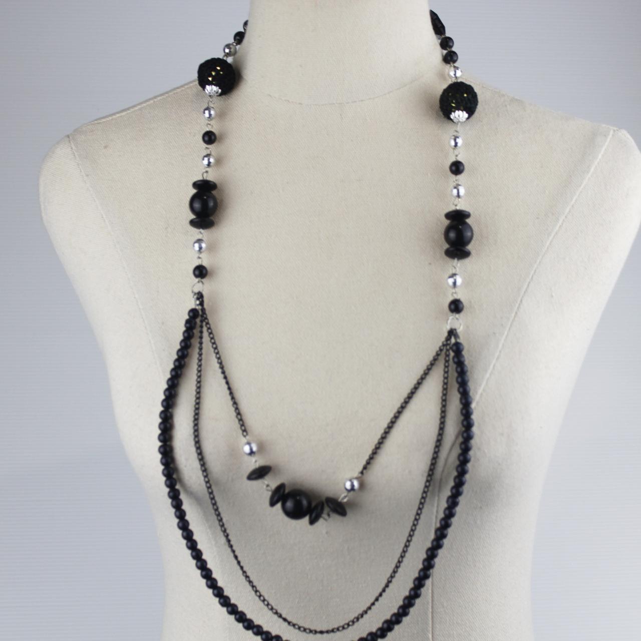 Multi Strand Statement Necklace Black Beads Silver Tone Spac
