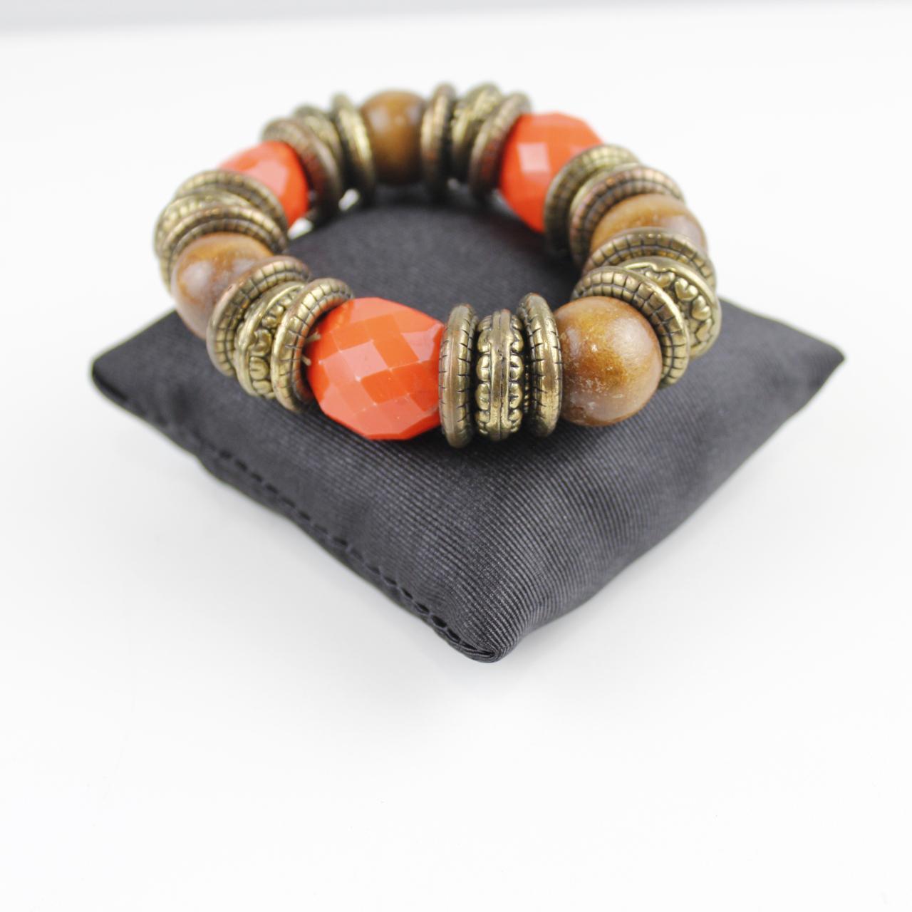 Boho Wood & Orange Bead Stretch Bracelet Chunky Statement Co