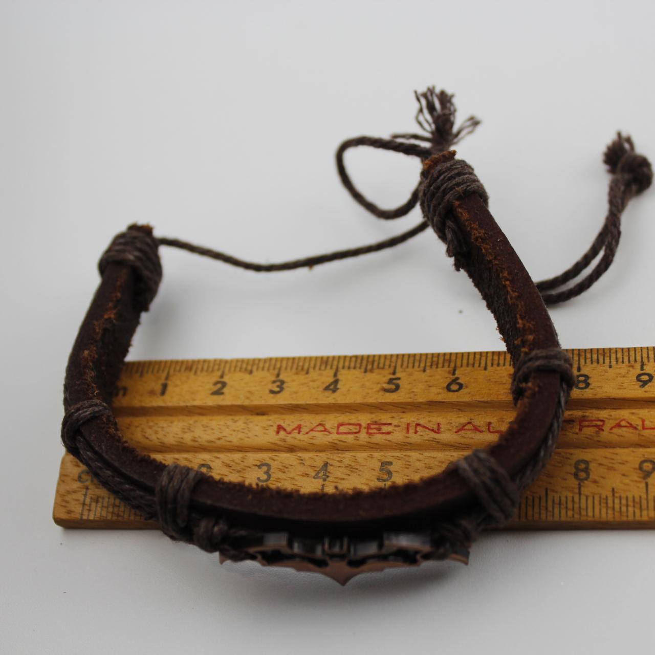 Brown Leather Bracelet Batman Logo Charm Copper Tone Jewelry