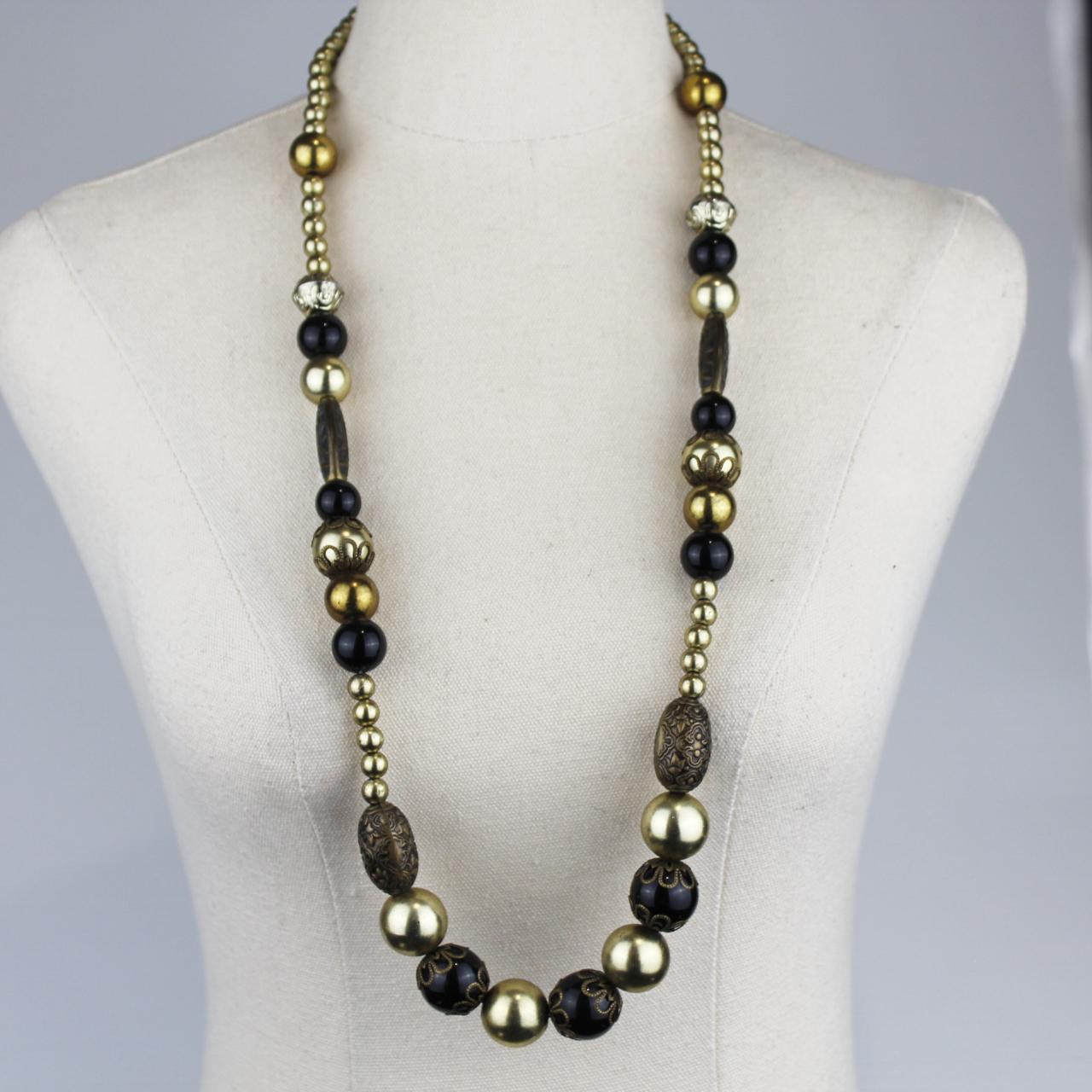 Long Beaded Necklace Black Gold Metallic Beads Statement Jew