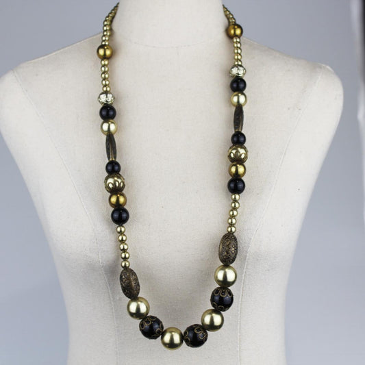 Long Beaded Necklace Black Gold Metallic Beads Statement Jew