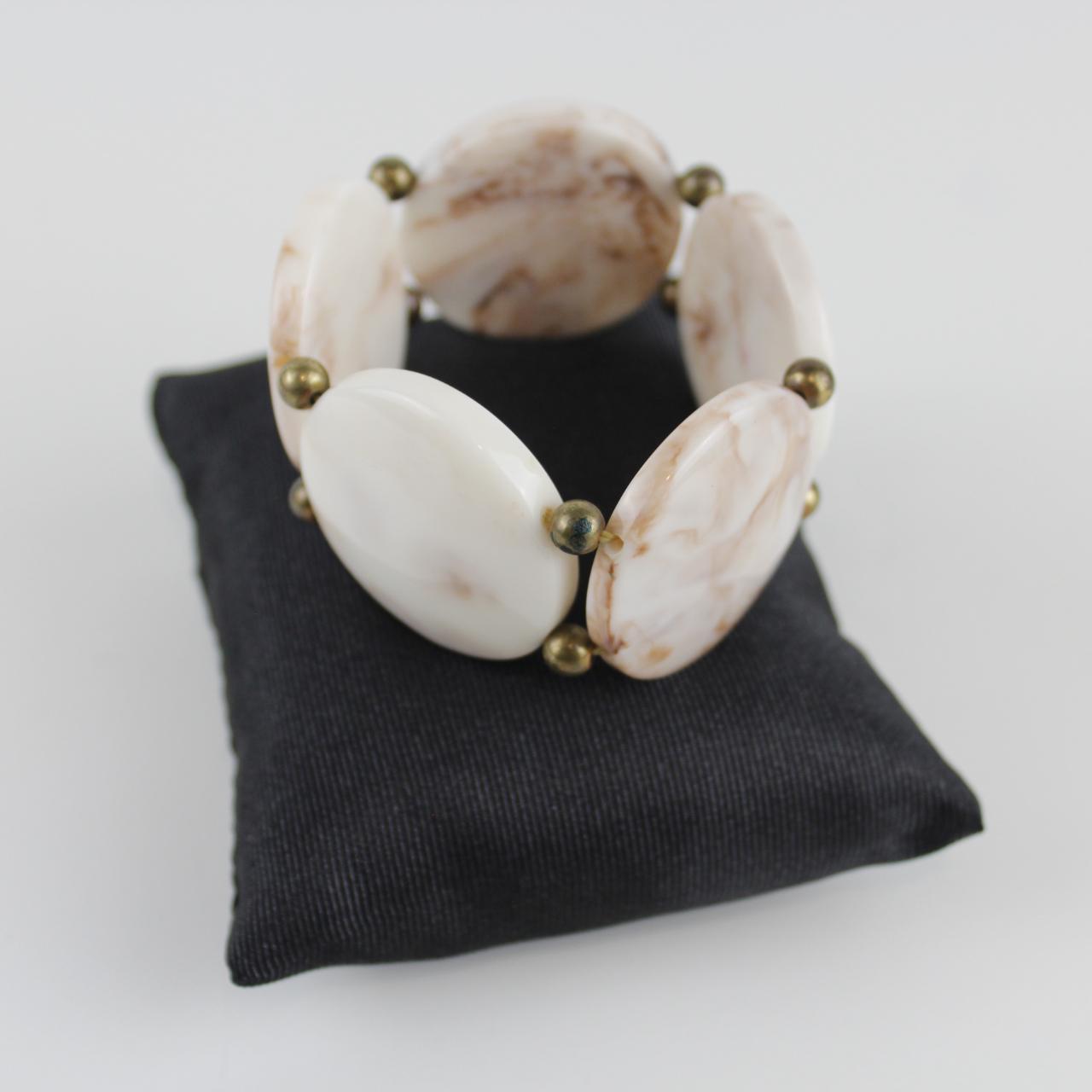 Marbled Resin Bead Bracelet - Chunky Statement - Brown and W