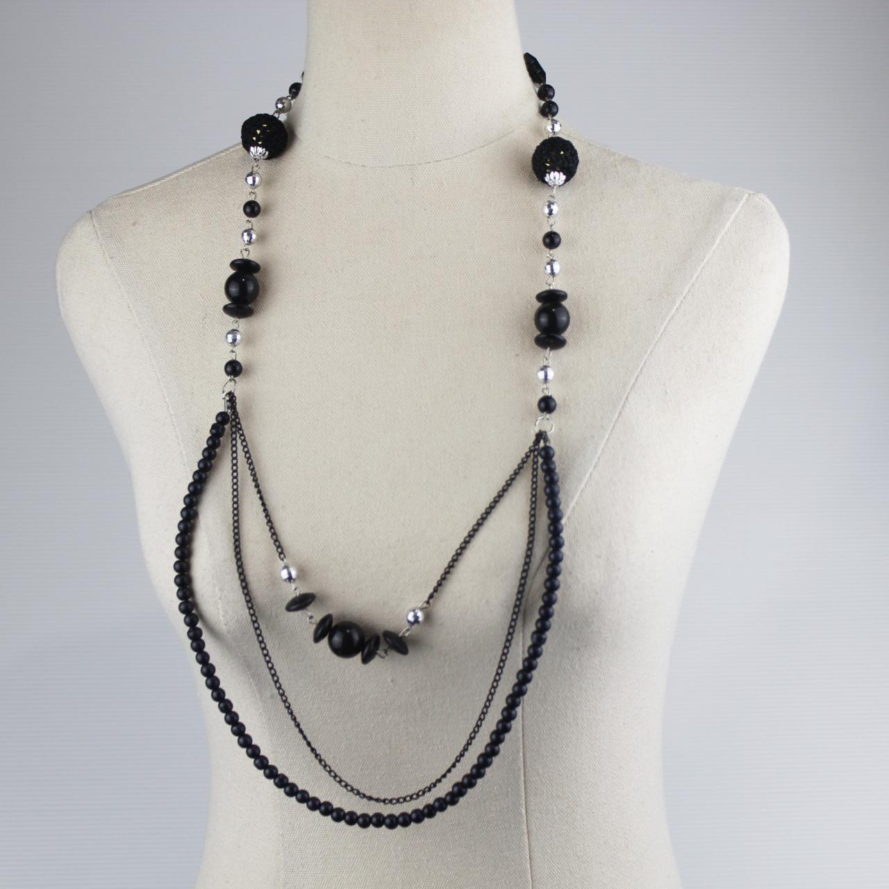 Multi Strand Statement Necklace Black Beads Silver Tone Spac