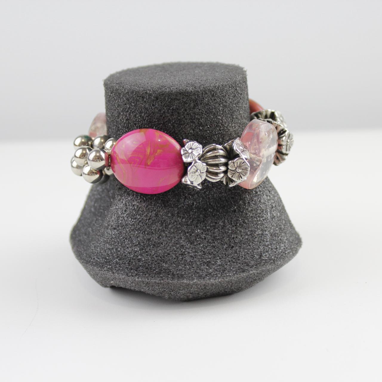 Eclectic Bead Stretch Bracelet - Pink & Clear Stones - Silve