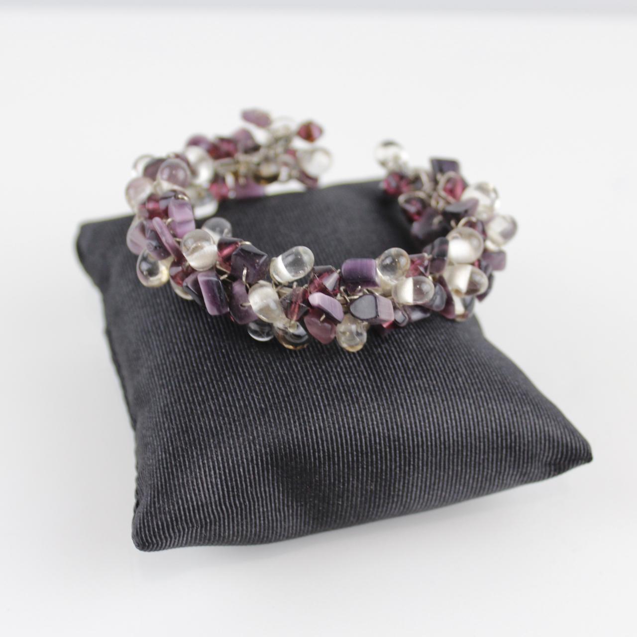 Purple and Clear Glass Bead Bracelet - Silver Wire Wrapped -