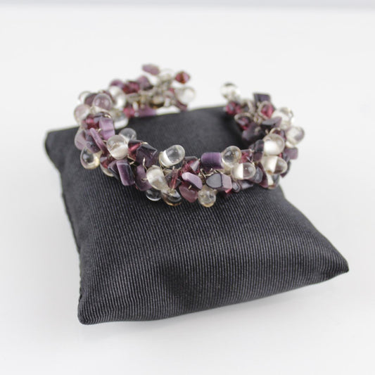 Purple and Clear Glass Bead Bracelet - Silver Wire Wrapped -