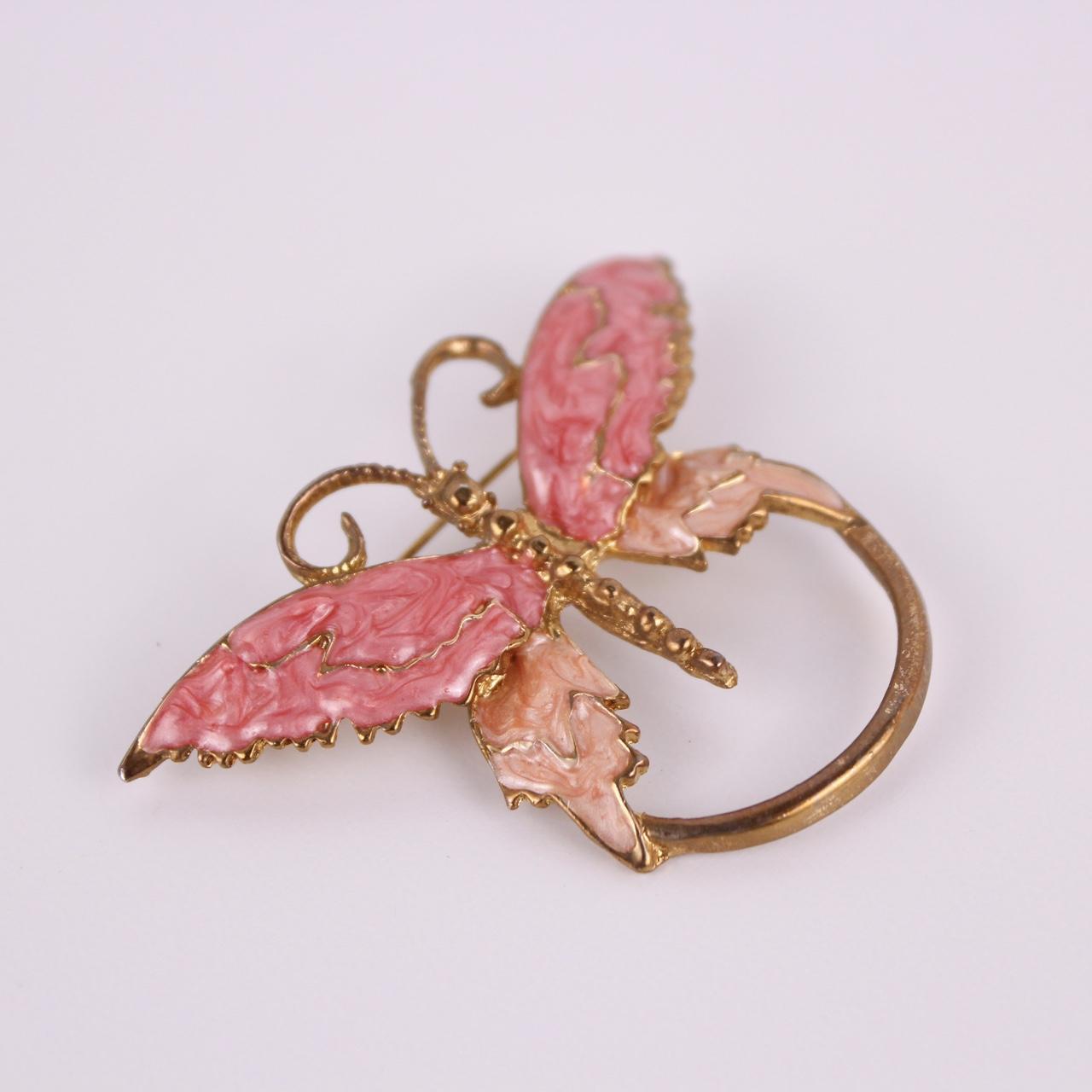 Butterfly Brooch Gold tone Pink Enamel Scarf Ring Animal Wing Jewellery Pin Uniq