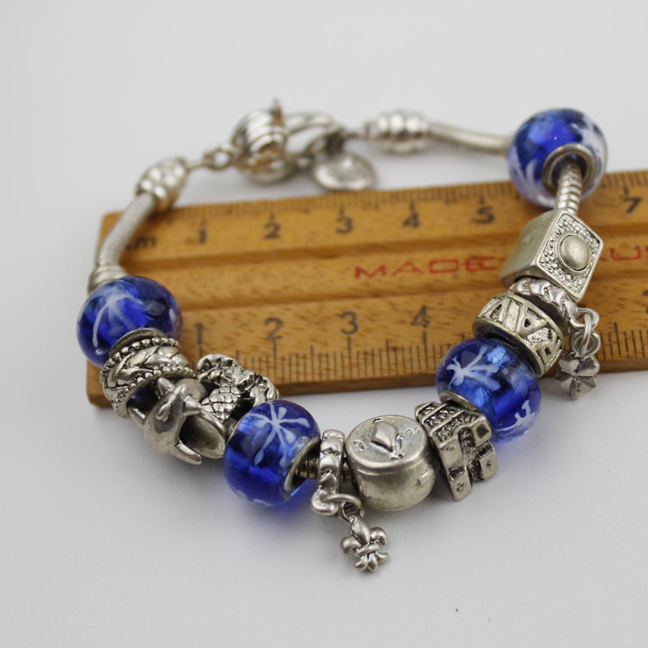Silver Tone Charm Bracelet Blue Glass Beads Snowflake Clover