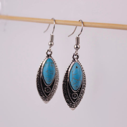 Boho Turquoise Silver Tone Dangle Earrings Southwestern Oval Ethnic Jewellery  G