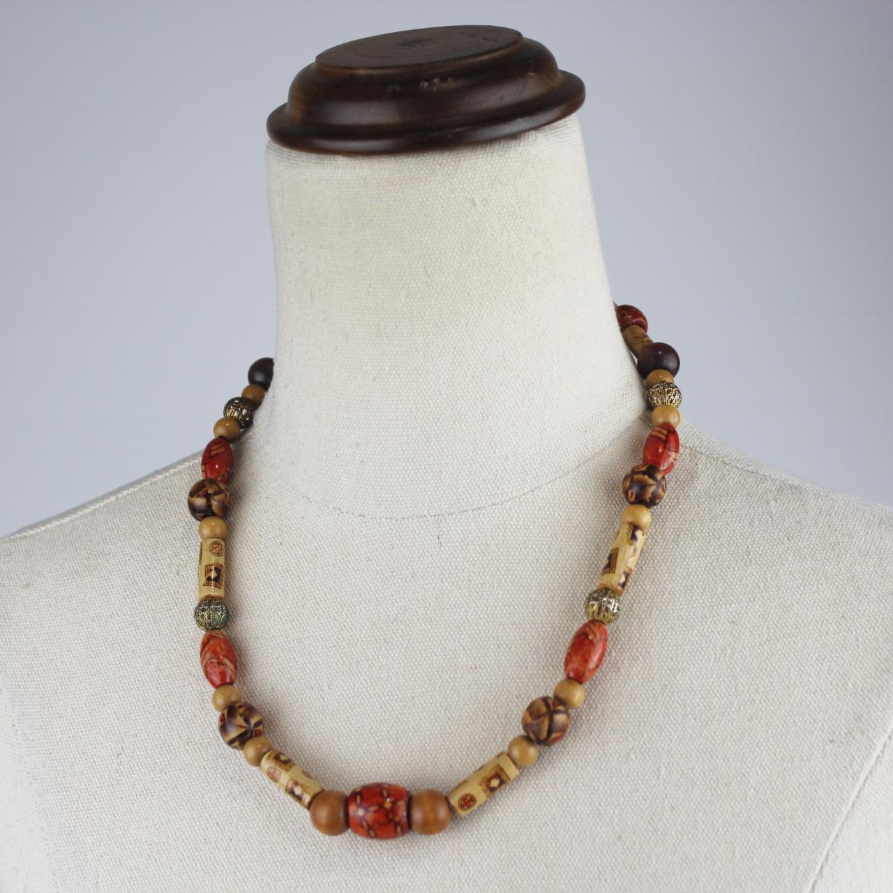 Beaded Necklace Brown Tan Red Beads Rustic Boho Fashion Jewe