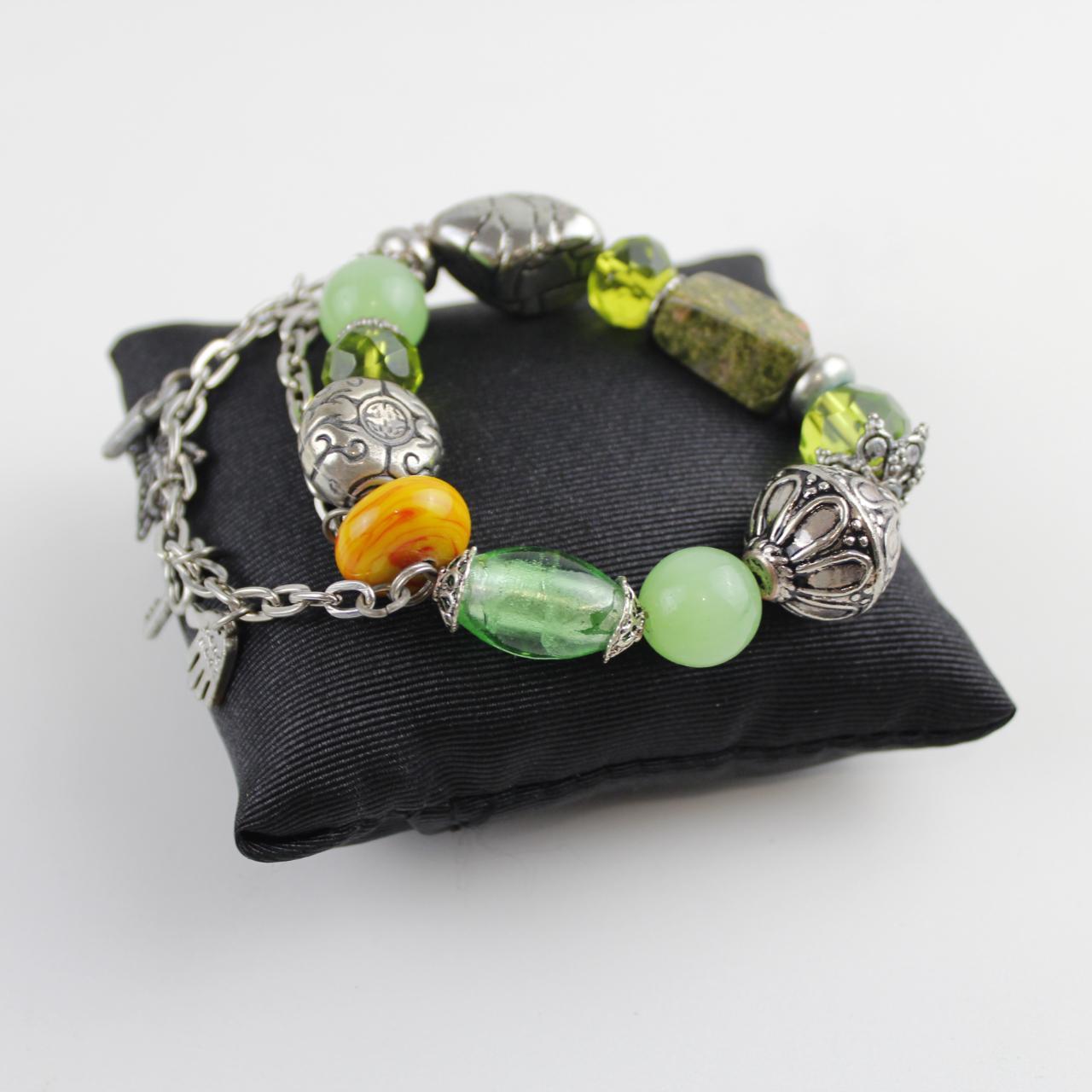 Vintage Boho Multi-Strand Charm Bracelet Green Yellow Beaded