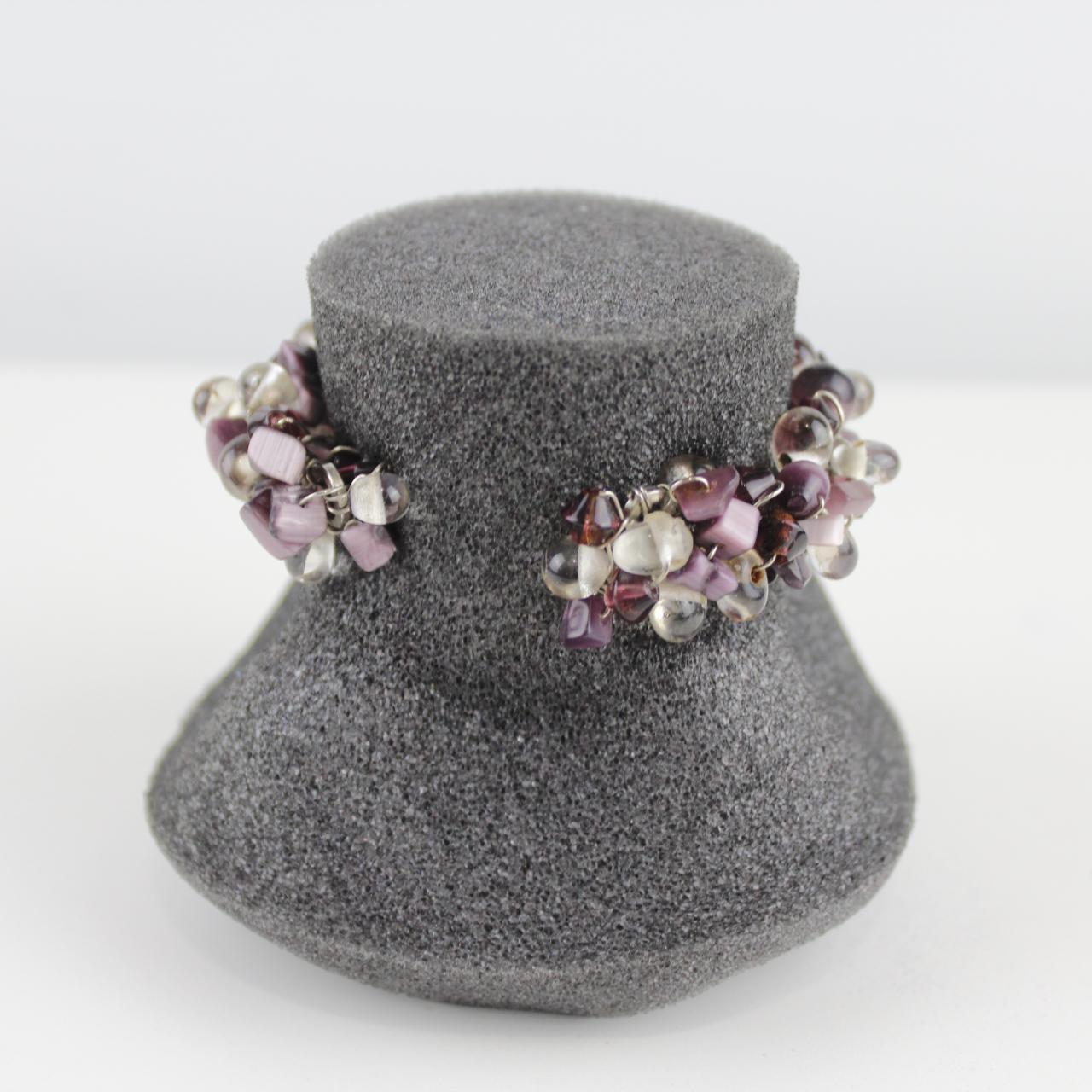 Purple and Clear Glass Bead Bracelet - Silver Wire Wrapped -