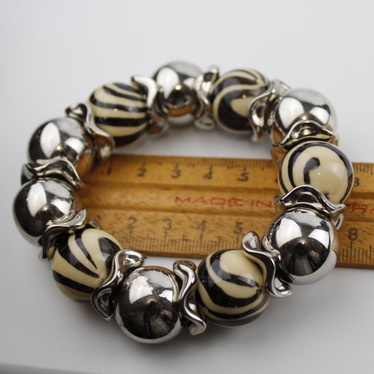 Stylish Silver and Striped Beaded Bracelet with Black and Be