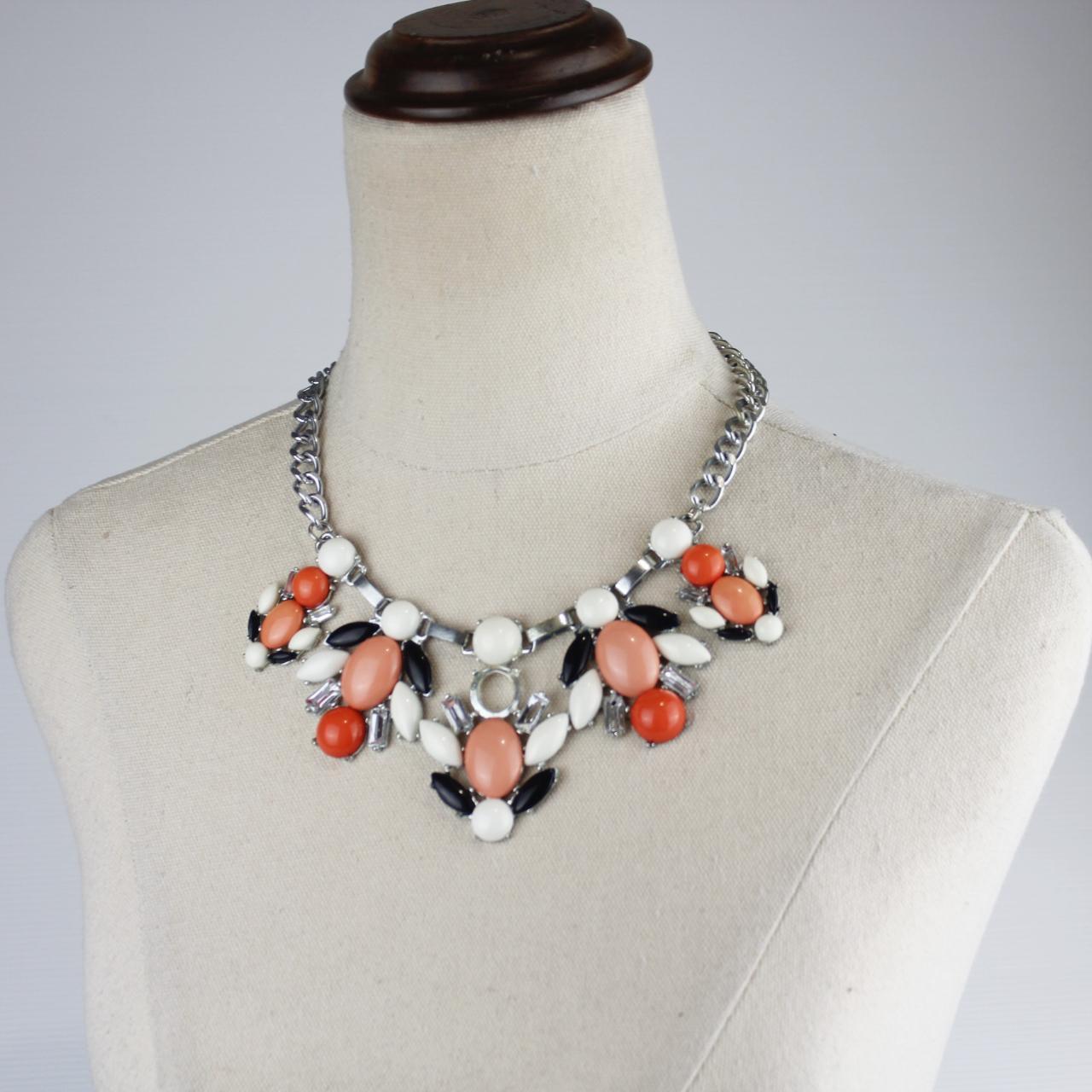 Statement Necklace Silver Chain Orange Peach Cabochons Black