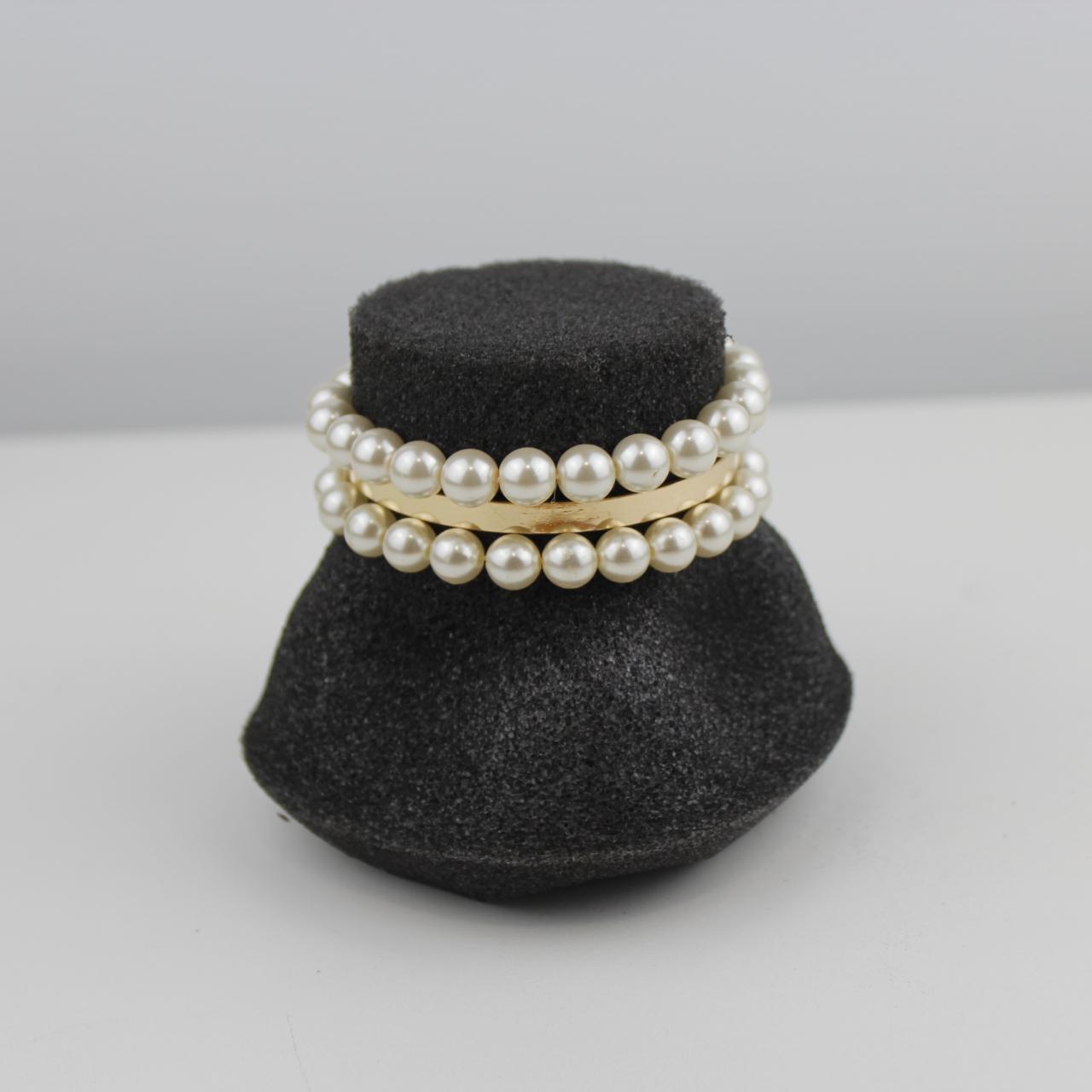 Set of 3 Bracelets White Pearl Gold Tone Bangle Stretch Jewe