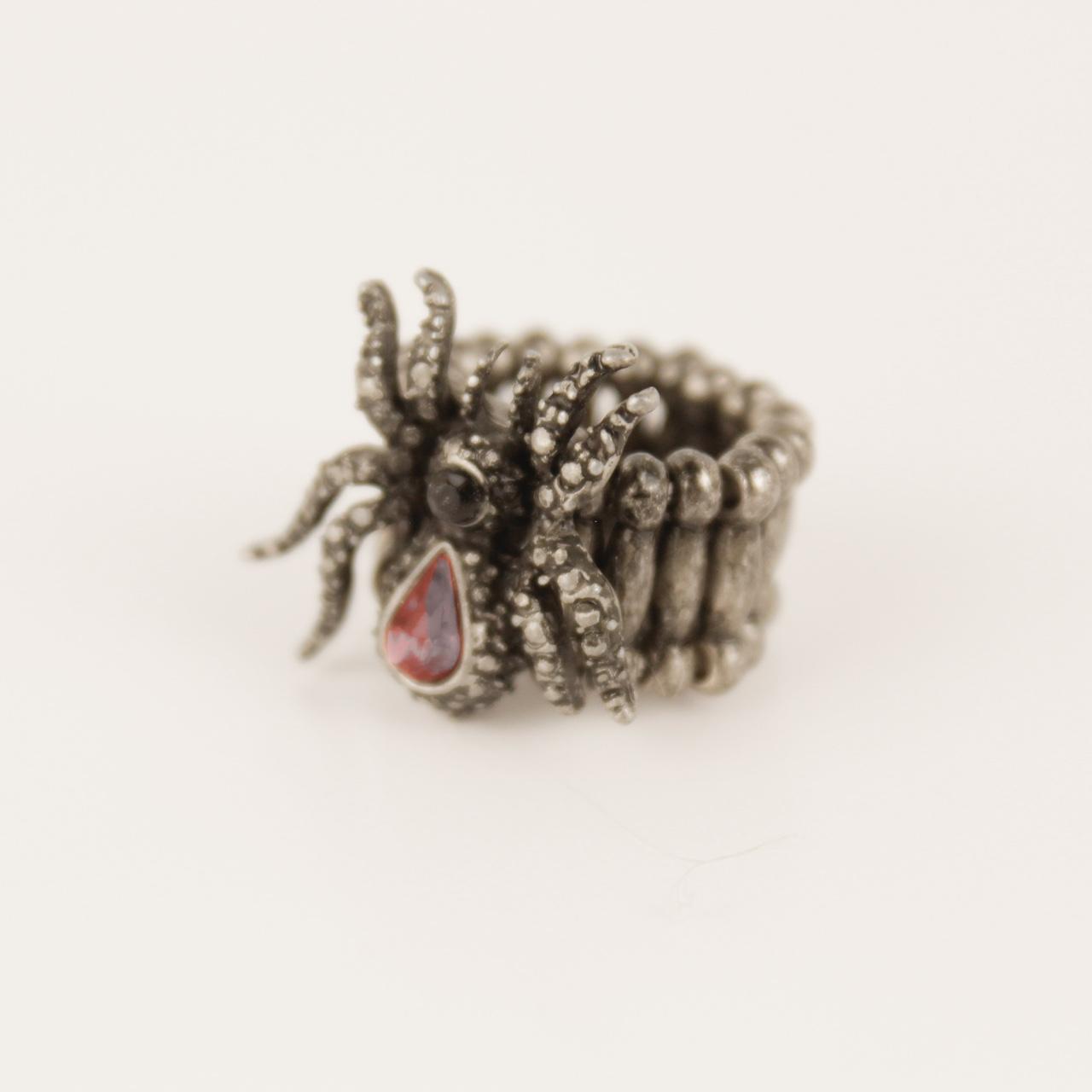 Spider Ring Pink Rhinestone Silver Tone Beaded Stretch Band Gothic Statement Jew
