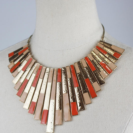 Statement Necklace Gold Orange Red Fan Shape Vintage Fashion