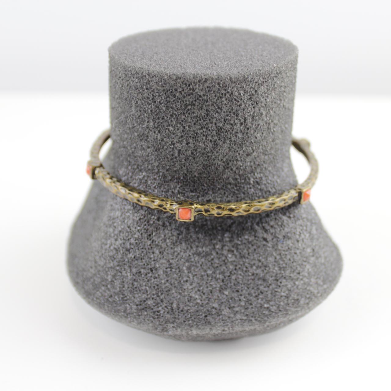Vintage Bronze Tone Bangle Bracelet Red Square Stone Texture