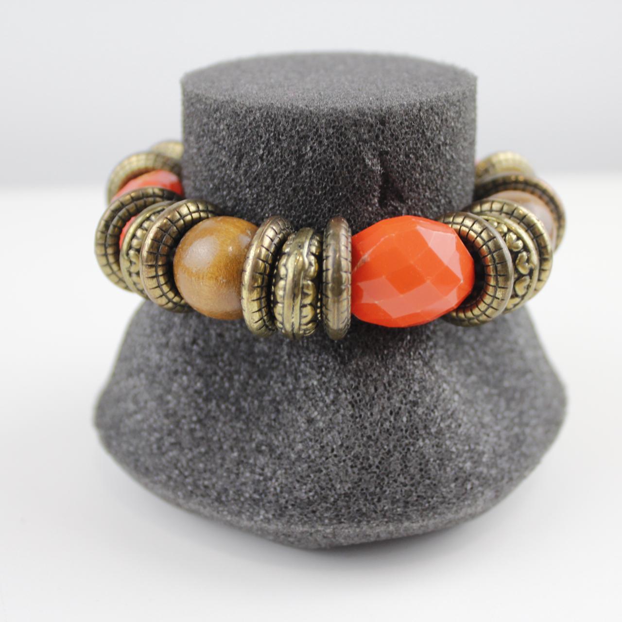Boho Wood & Orange Bead Stretch Bracelet Chunky Statement Co