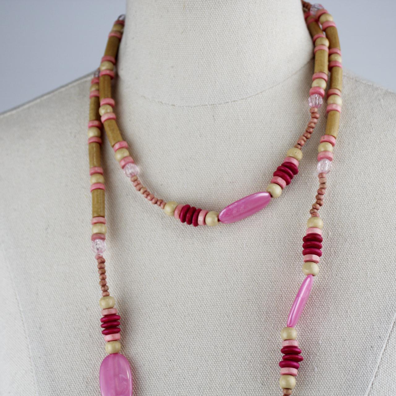 Bohemian Multi Strand Beaded Necklace Gold Pink Maroon Wood