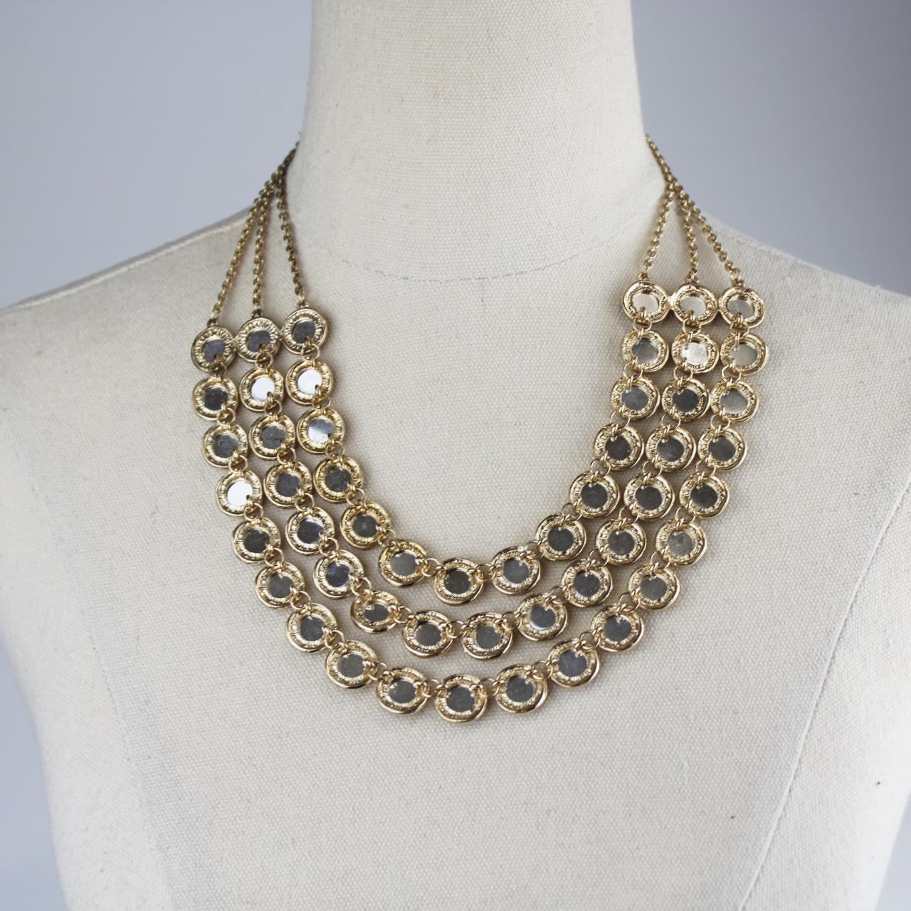 Multi Strand Statement Necklace Gold Mirror Medallions Refle