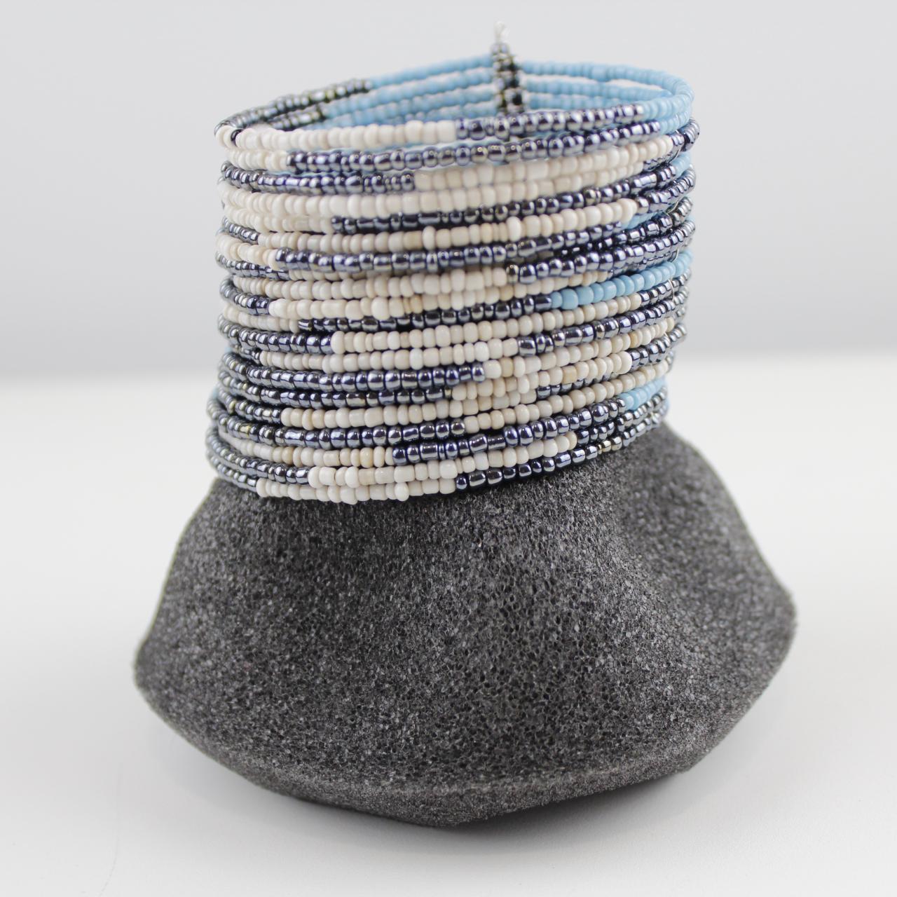 Wide Beaded Cuff Bracelet Blue White Silver Coil Memory Wire