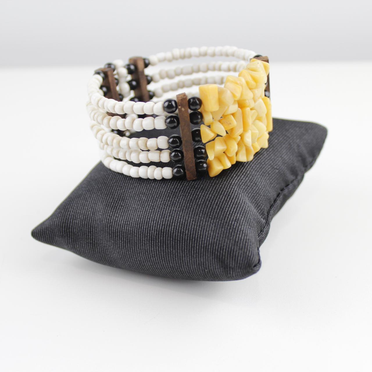 Boho Yellow Stone & White Bead Cuff Bracelet Tribal Statemen