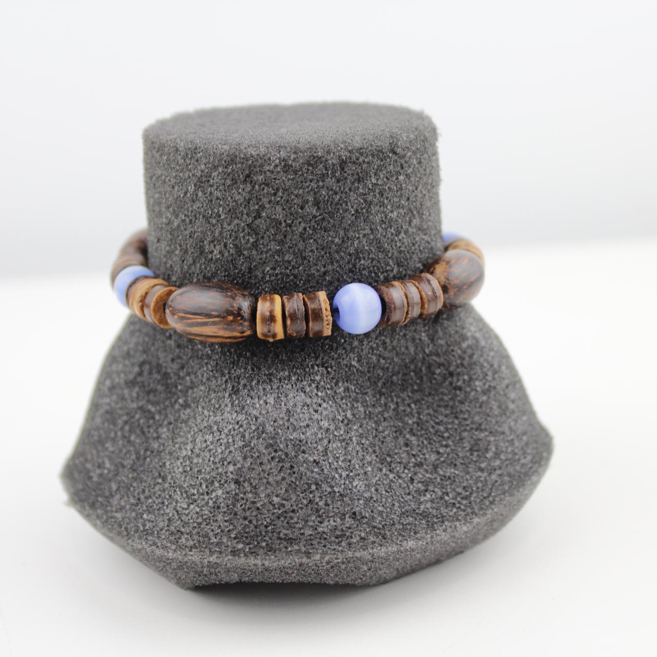 Wooden Bead Bracelet Brown Blue Glass Beads Bohemian Stretch