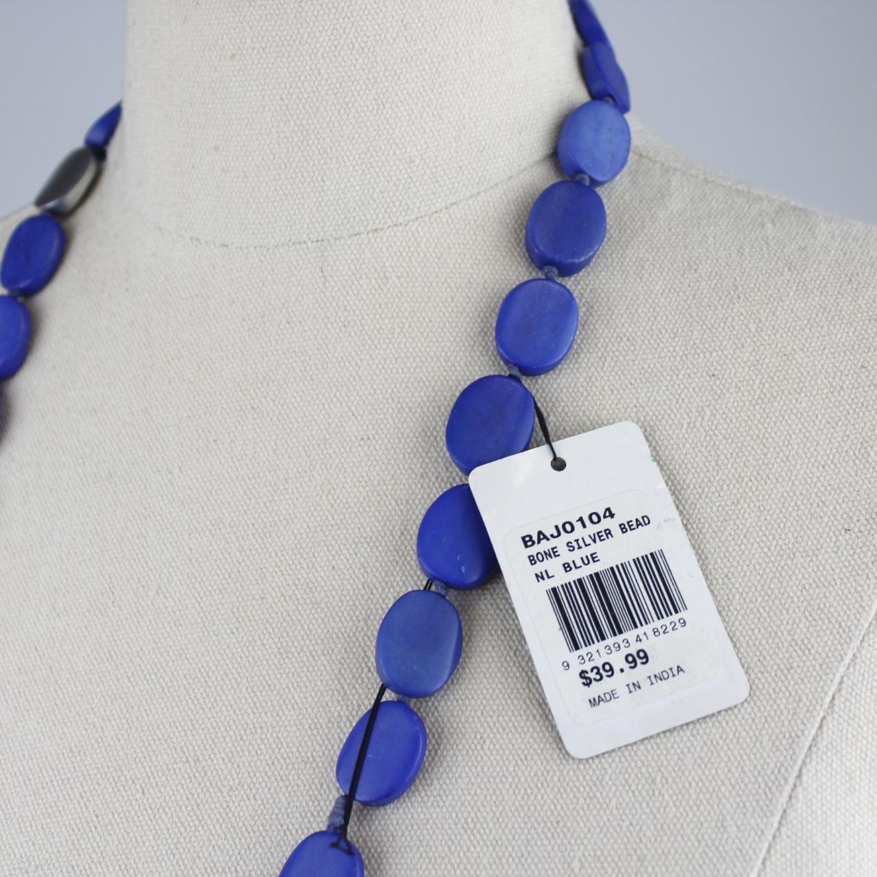 Long Beaded Necklace Blue Oval Beads Silver Discs Minimalist
