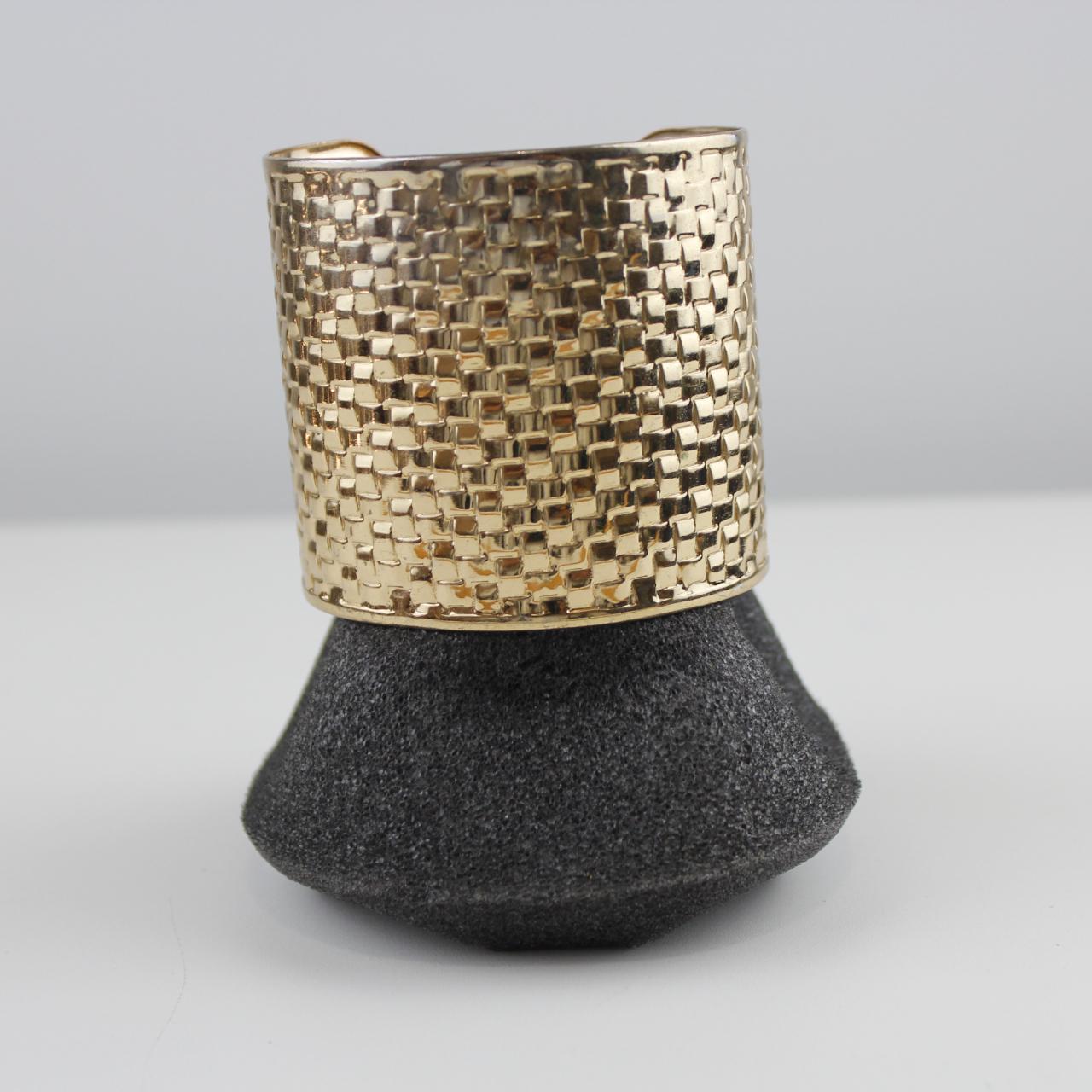 Gold Tone Cuff Bracelet - Textured Woven Pattern - Cut-Out D