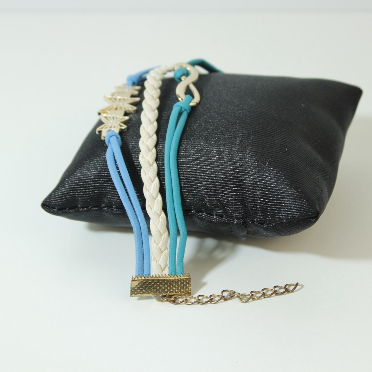 Blue White Multi Strand Cord Bracelet Gold tone Infinity Butterfly Charm Boho