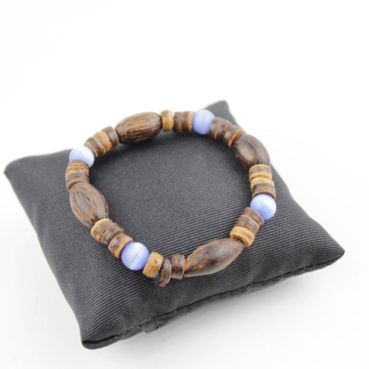 Wooden Bead Bracelet Brown Blue Glass Beads Bohemian Stretch