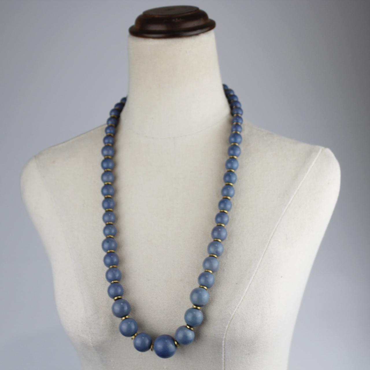 Long Blue Beaded Necklace Matte Blue Beads Gold Spacers Mini