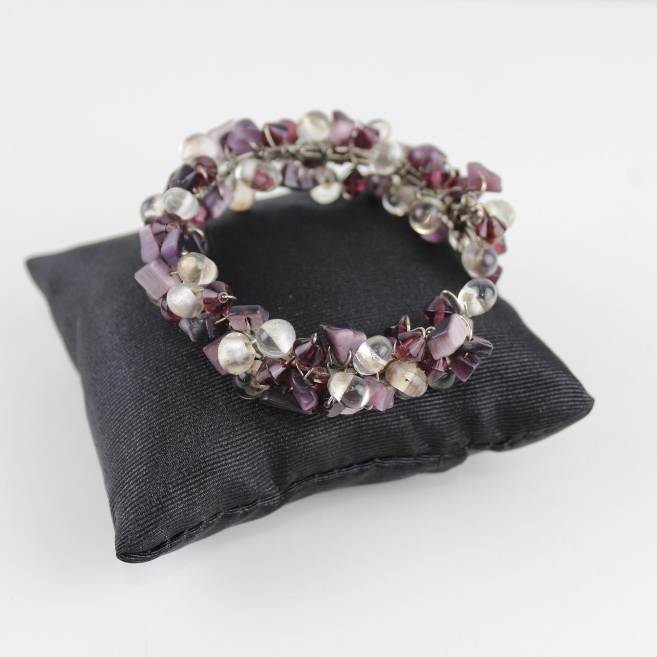 Purple and Clear Glass Bead Bracelet - Silver Wire Wrapped -