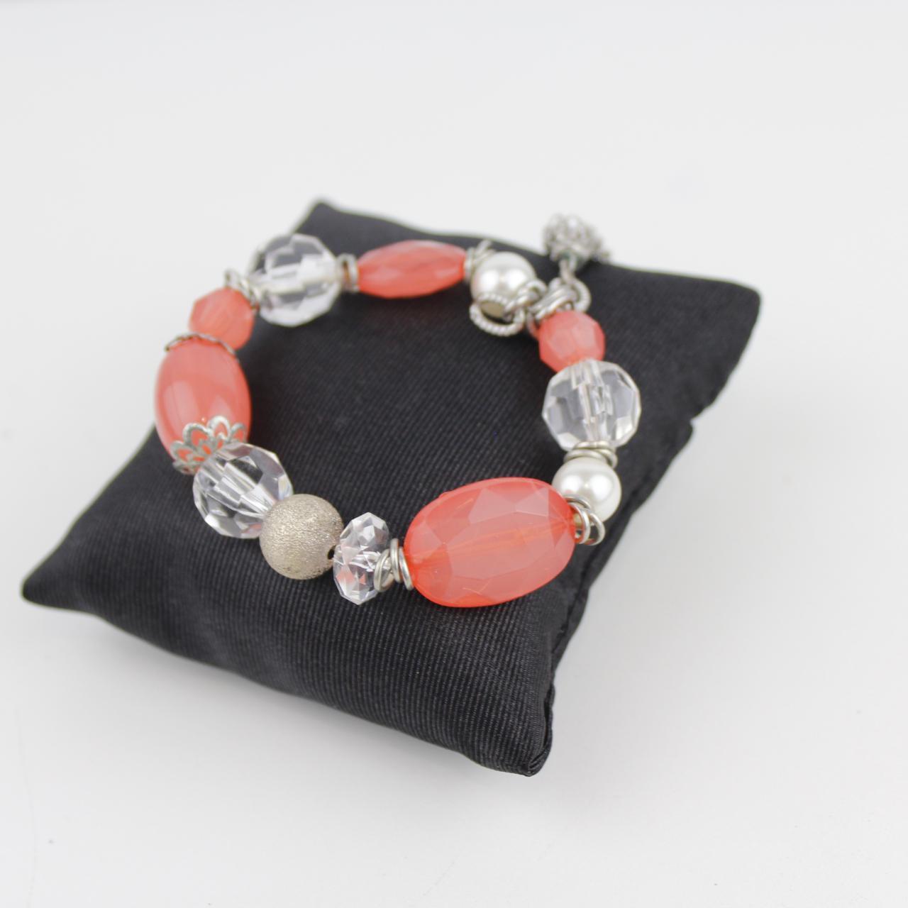 Handmade Coral Bead Bracelet Crystal Pearl Silver Tassel Cha