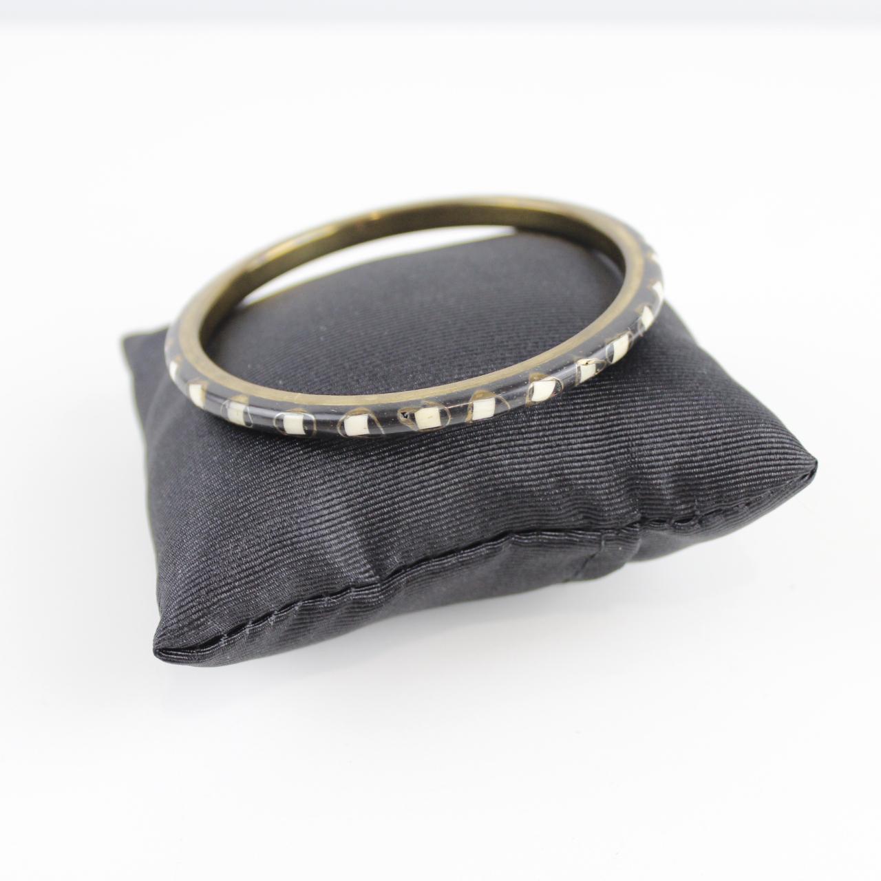 Brass Bangle Bracelet with White Dot Inlay - Unique Design -